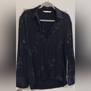 Zara Black Sequin Button Down Shirt